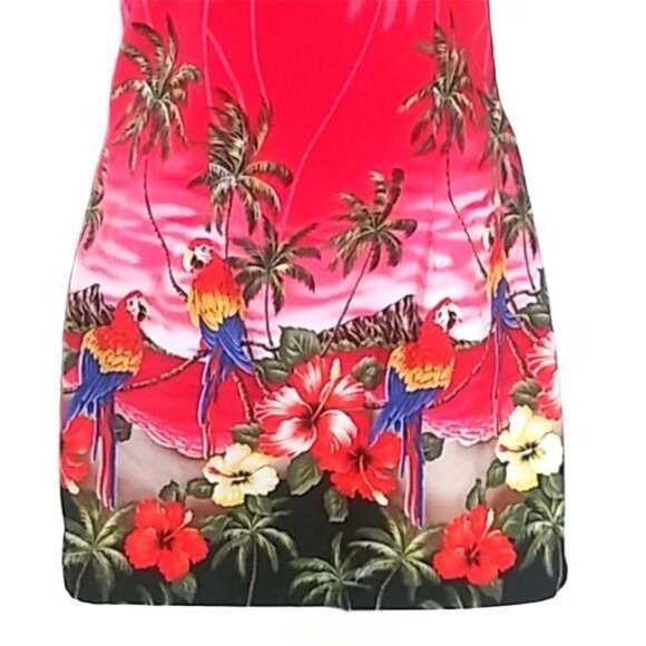 Tropical Print Red Spaghetti Strap Dress With Palm Trees & Parrots Size XL - Picture 4 of 9